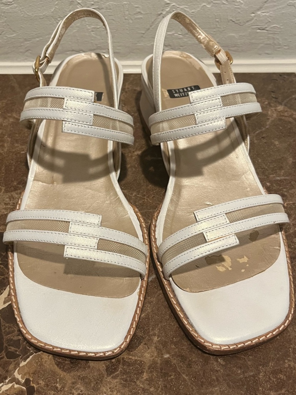 Stuart Weitzman White and Beige Leather Slingback Sandals
